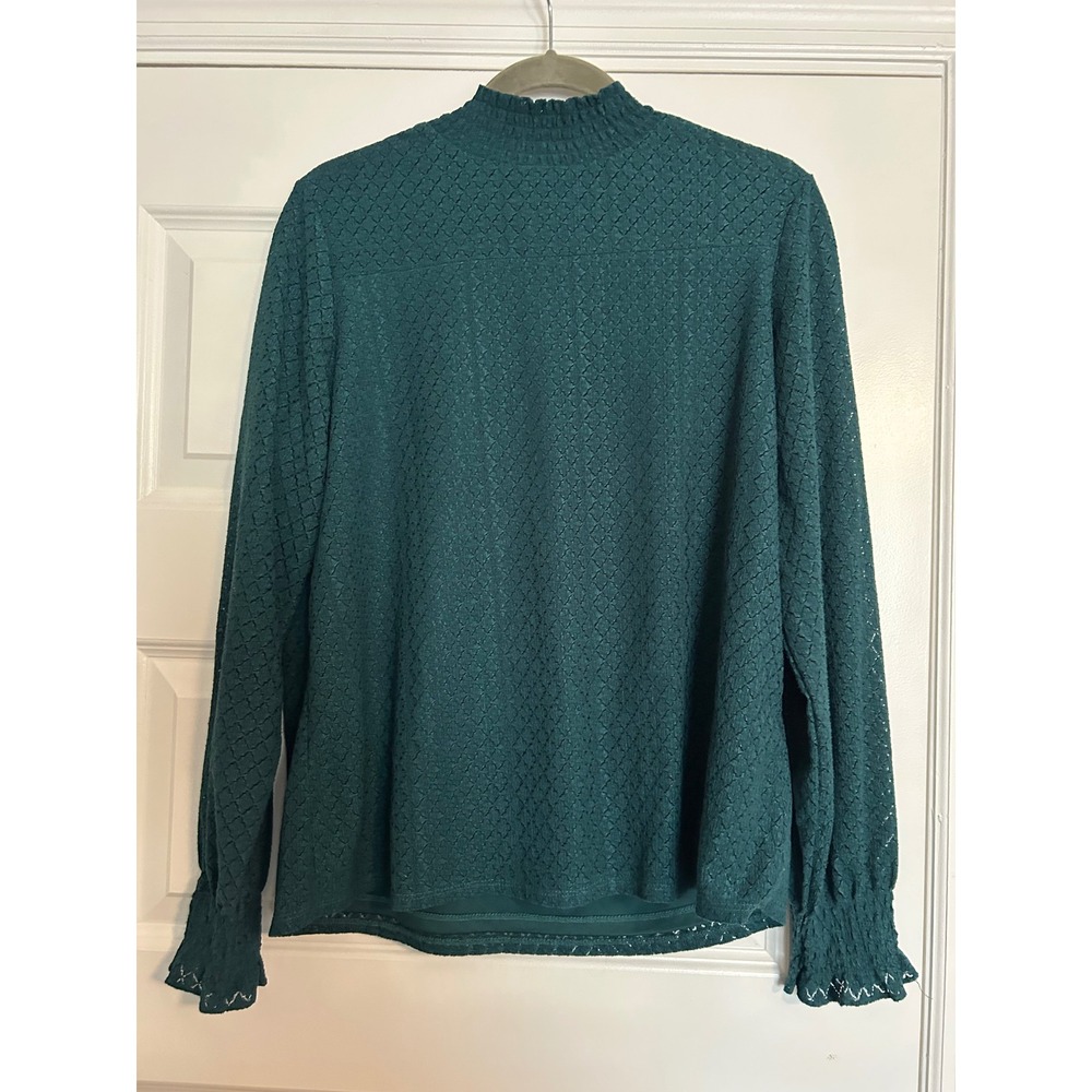 Adrianna Papell Teal Green Metallic Shimmer Mock Neck Smocked Blouse Large